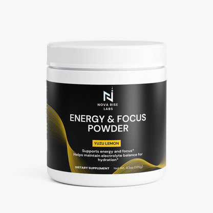 Nova Rise Labs Energy & Focus Powder container on a white background