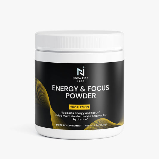 Nova Rise Labs Energy & Focus Powder container on a white background